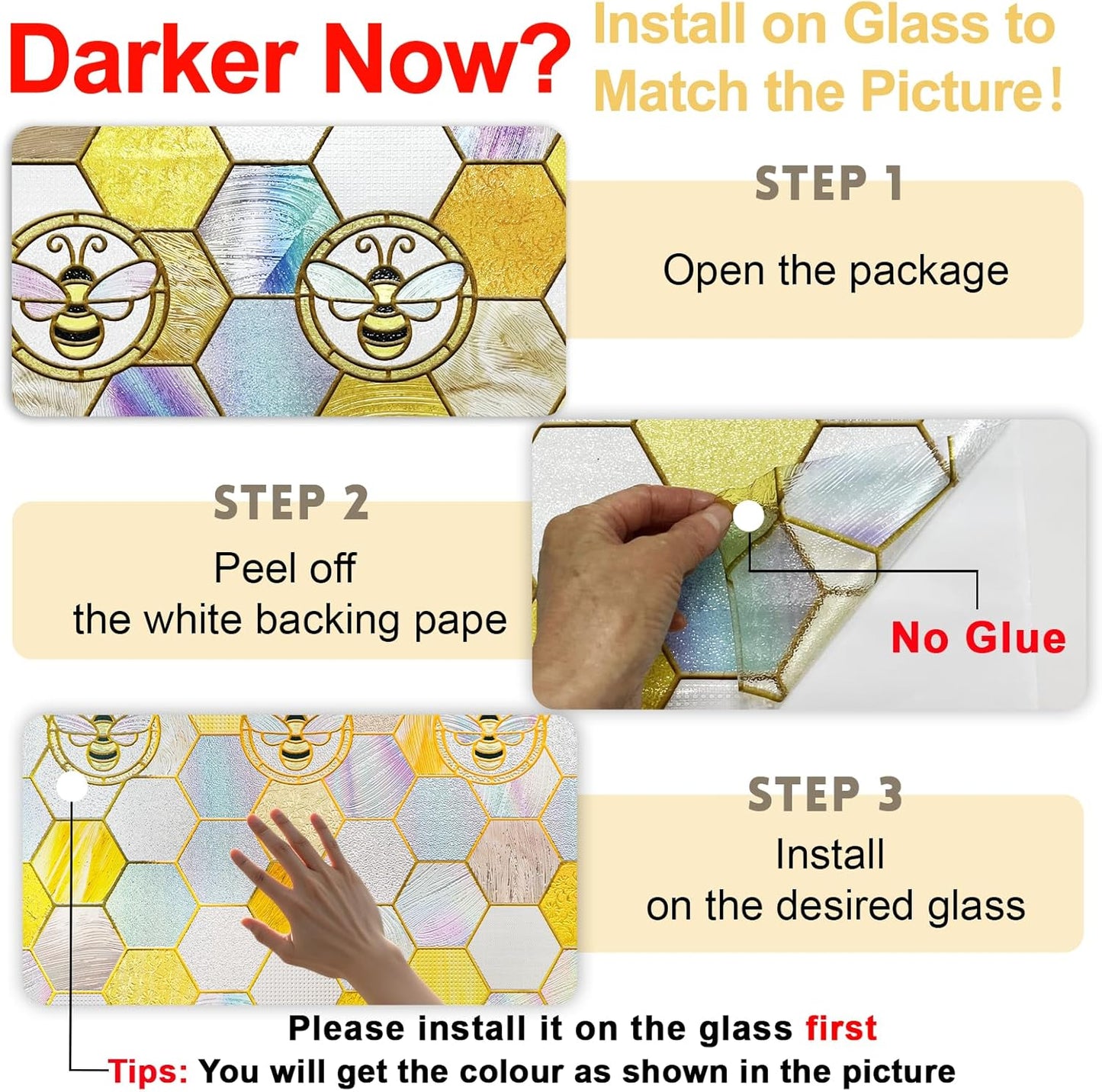 3D Stained Glass Window Privacy Film, Heat Control UV Blocking Static Cling Decorative Window Film for Bathroom,Front Door,Home Non Adhesive,35.4 x 78.7 inches Honey
