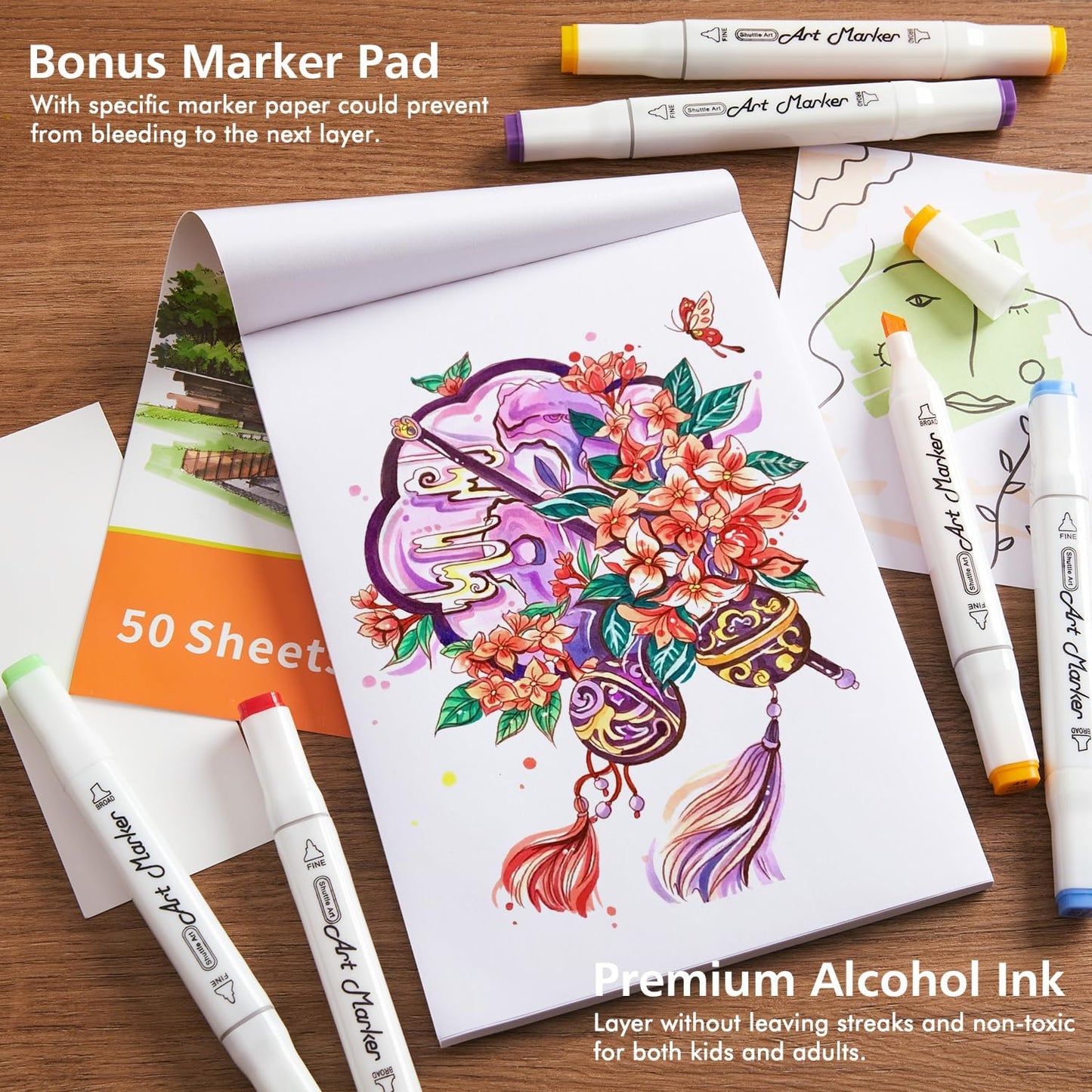 172 Colors Alcohol Based Dual Tip Art Markers, 171+1 Blender Permanent Marker Pens Plus 1 Marker Pad 1 Case Perfect for Kids Adult Artist Coloring Books Drawing Sketching and Card Making