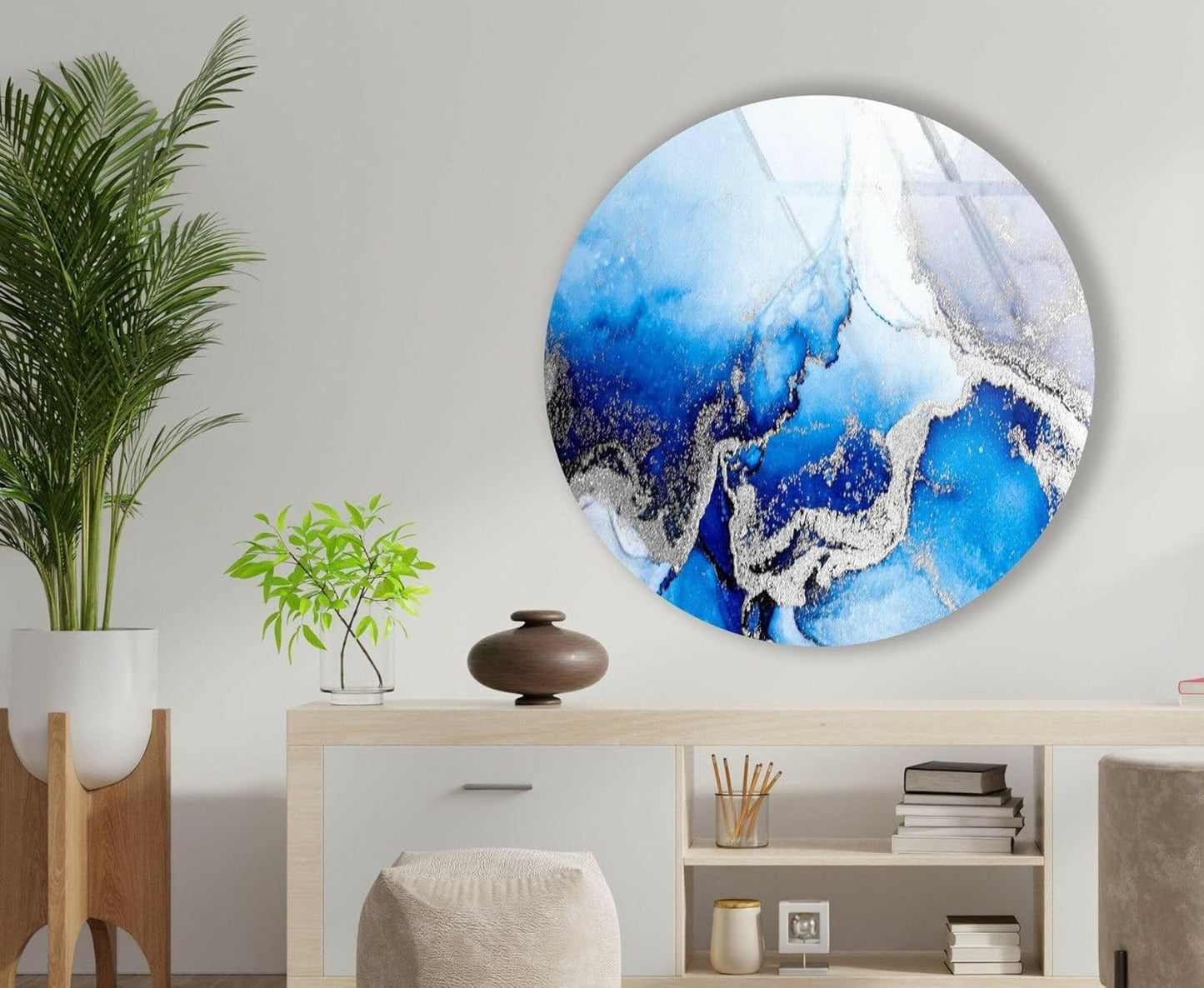 My Photostation.com 15.8''(40cm) Diameter Blue Marble Round with Silver Details Glass Wall Art Tempered Glass Printing Wall Decor Large Wall Art Wall Hangings
