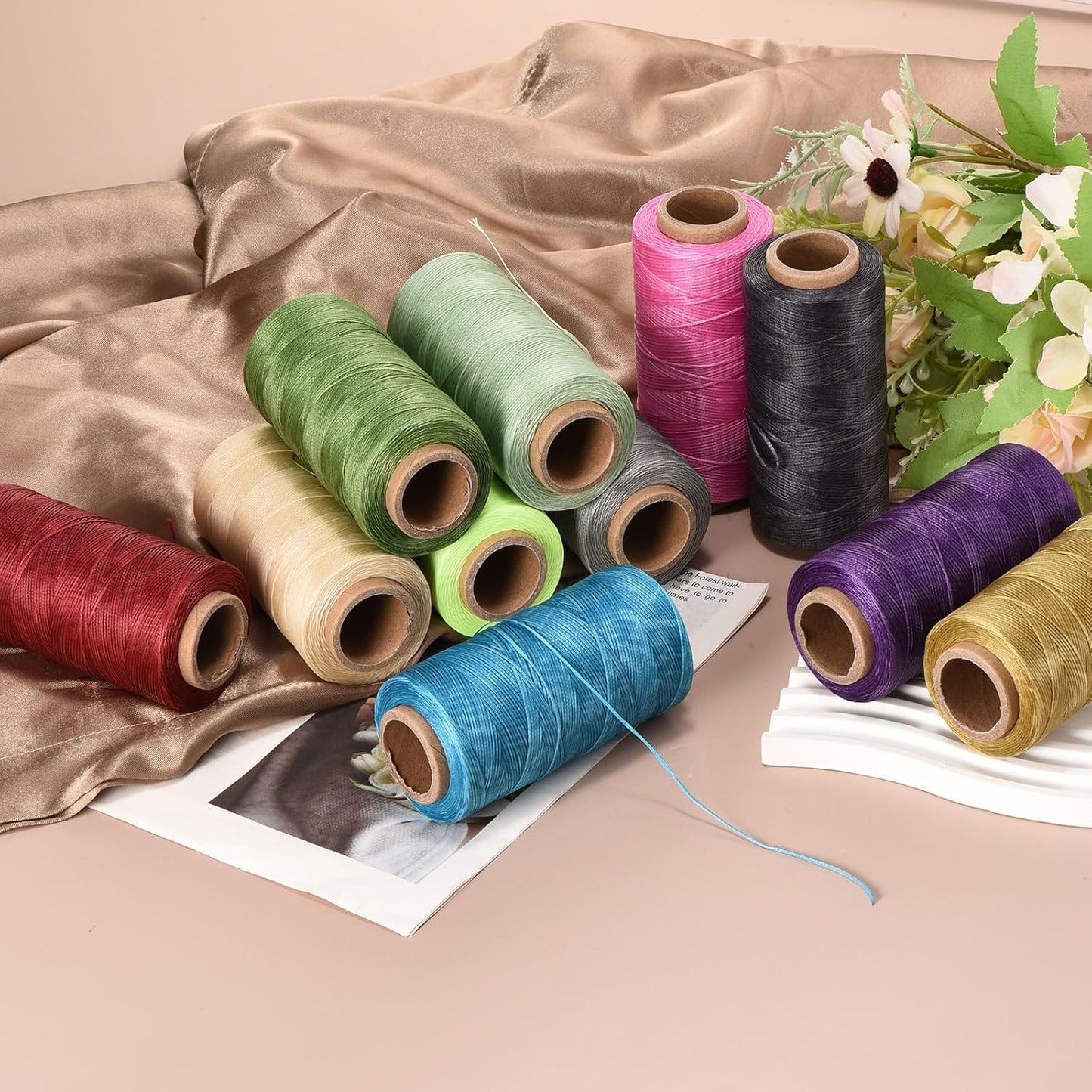 MECCANIXITY Waxed Thread,197 Yard 1mm 210D Flat Wax Thread Polyester Waxed String for Leather Sewing Hand Weaving Book Binding Home Decoration,Grass Green