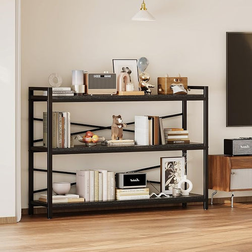 3 Tier Bookcase 47.24" Width, Long Industrial Book Shelf, Vintage Wooden Large - Image 2