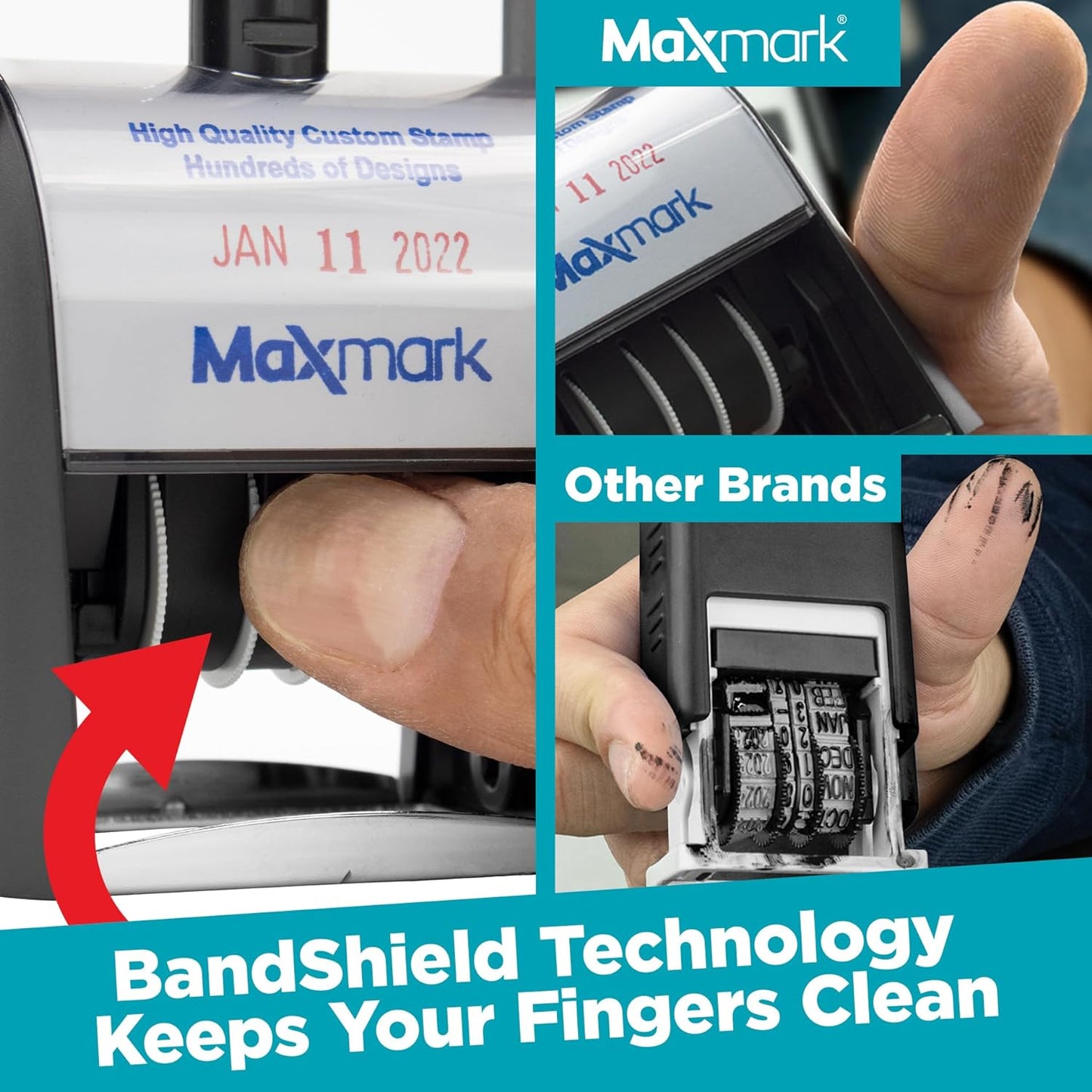MaxMark Heavy Duty Self Inking Date Stamp with Phrase Revised - Red Ink