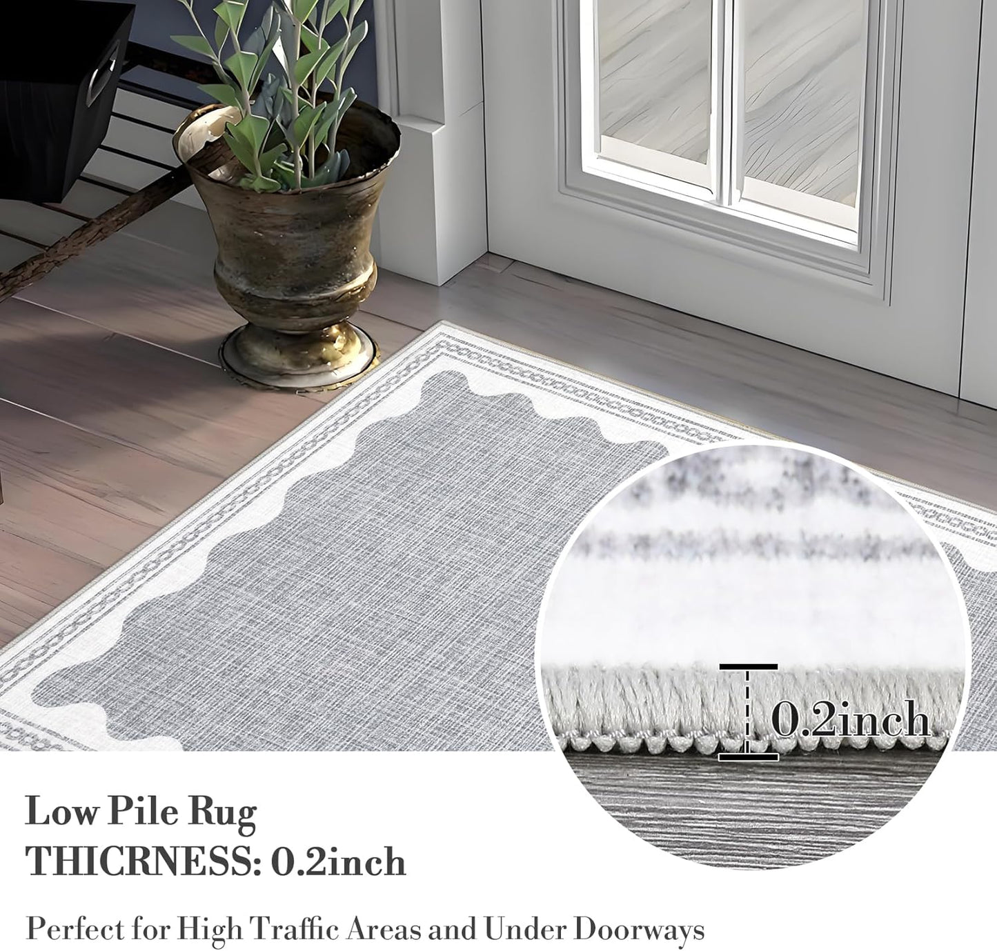 Scalloped Rug 2x3 Rugs for Entryway, Solid Grey Rug Small Area Rugs Non Slip Scalloped Bath Mat, Washable Front Door Mat Indoor Entrance,Soft Girls Nursery Dorm Carpet for Bedroom Kitchen