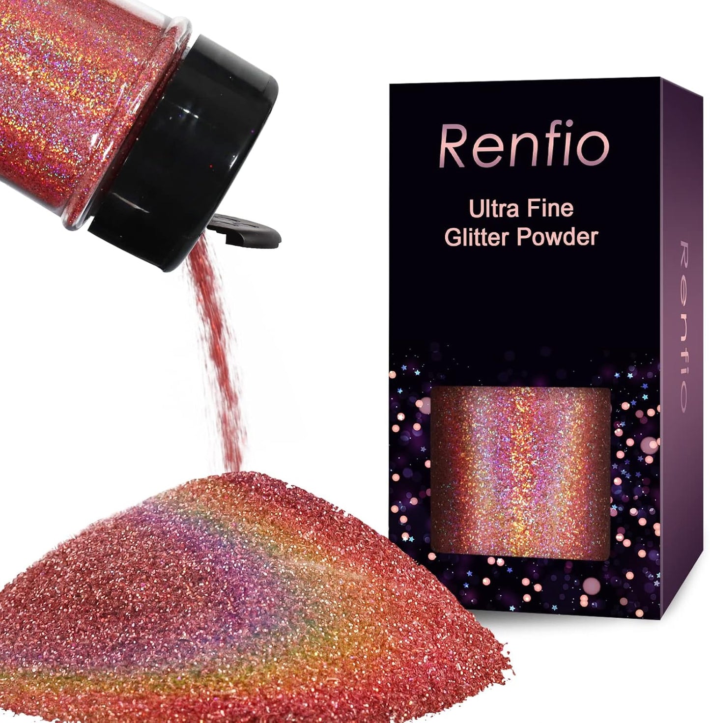Renfio Holographic Ultra Fine Glitter Powder Metallic Resin Glitter 2.11 Oz (60g) PET Flakes Crafts Sequins 1/128" 0.008" 0.2mm Epoxy Chips Flakes for Tumblers Slime - Laser Pink