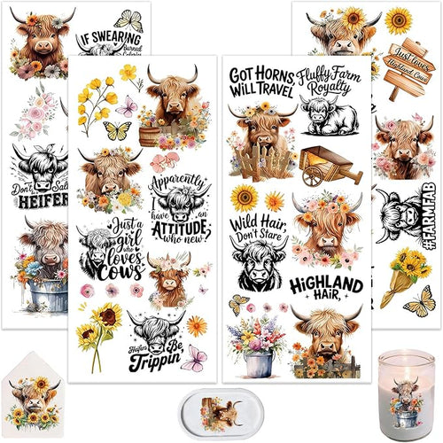 4 Sheets Rub on Transfers for Crafts, Highland Cattle Furniture Transfers for by Dorsbaby