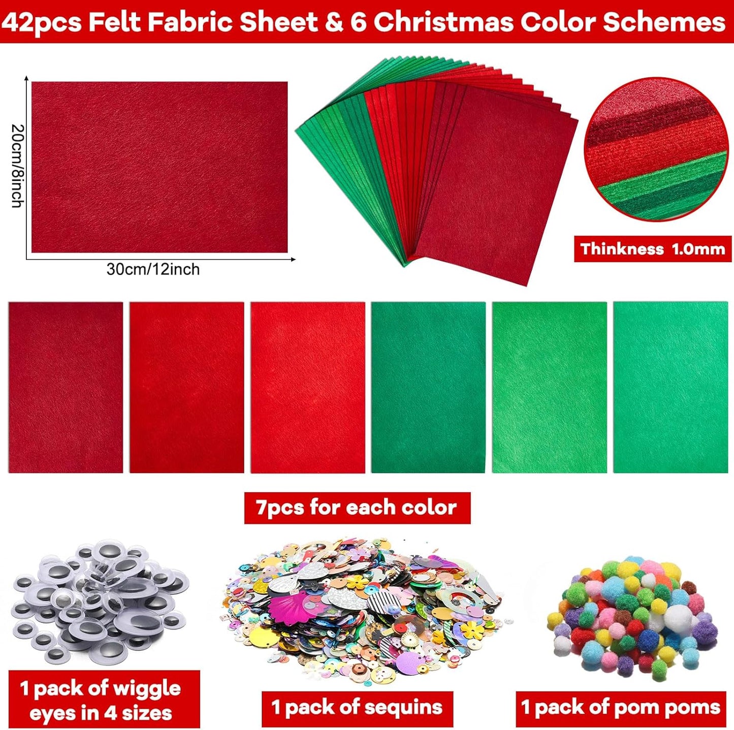 gisgfim 42Pcs Red and Green Gradient Felt Fabric Sheets 8 x 12 Inch Soft Thick Christmas Xmas Felt Pack with Wiggle Google Eye Pom Pom Glitter Patchwork Craft for DIY Sewing Creative Art Project Decor