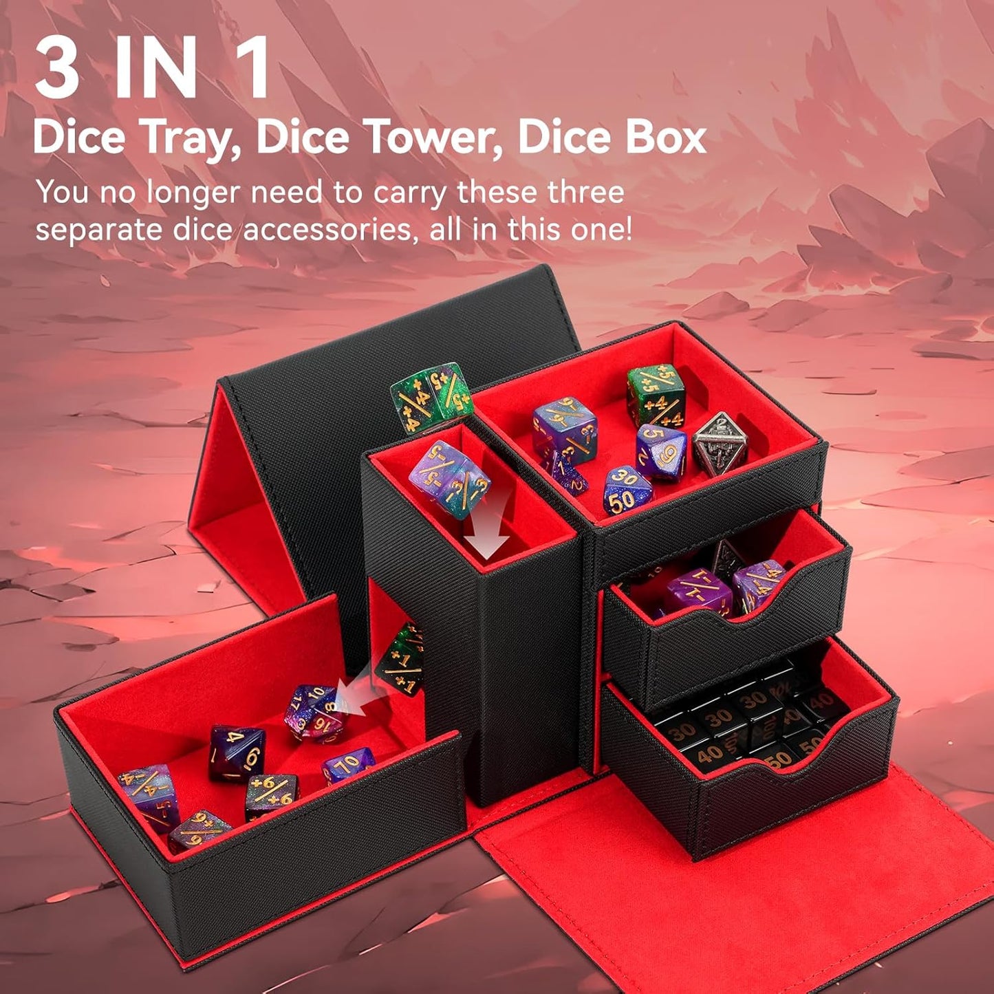 Dice Tray & Dice Tower Storage Box, 3 in 1 Dice Holder Case (Dice Rolling Tray, Dice Rolling Tower, Dice Storage Drawers), Leather Magnetic Closure DND Accessories Gifts for RPG MTG, Black/Red