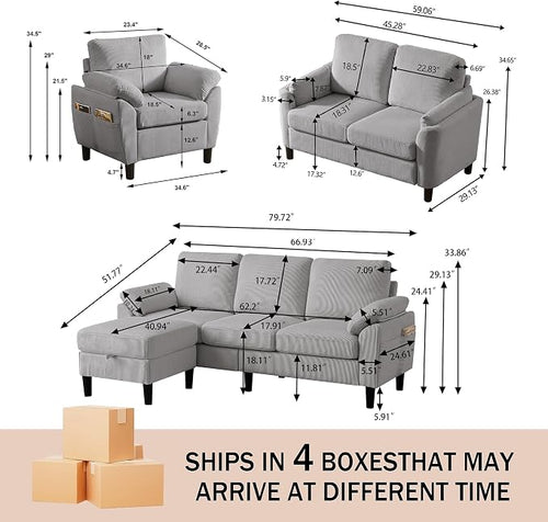 4 Piece Modern Corduroy Sofa Set, L-Shaped Sectional Couch - Image 2