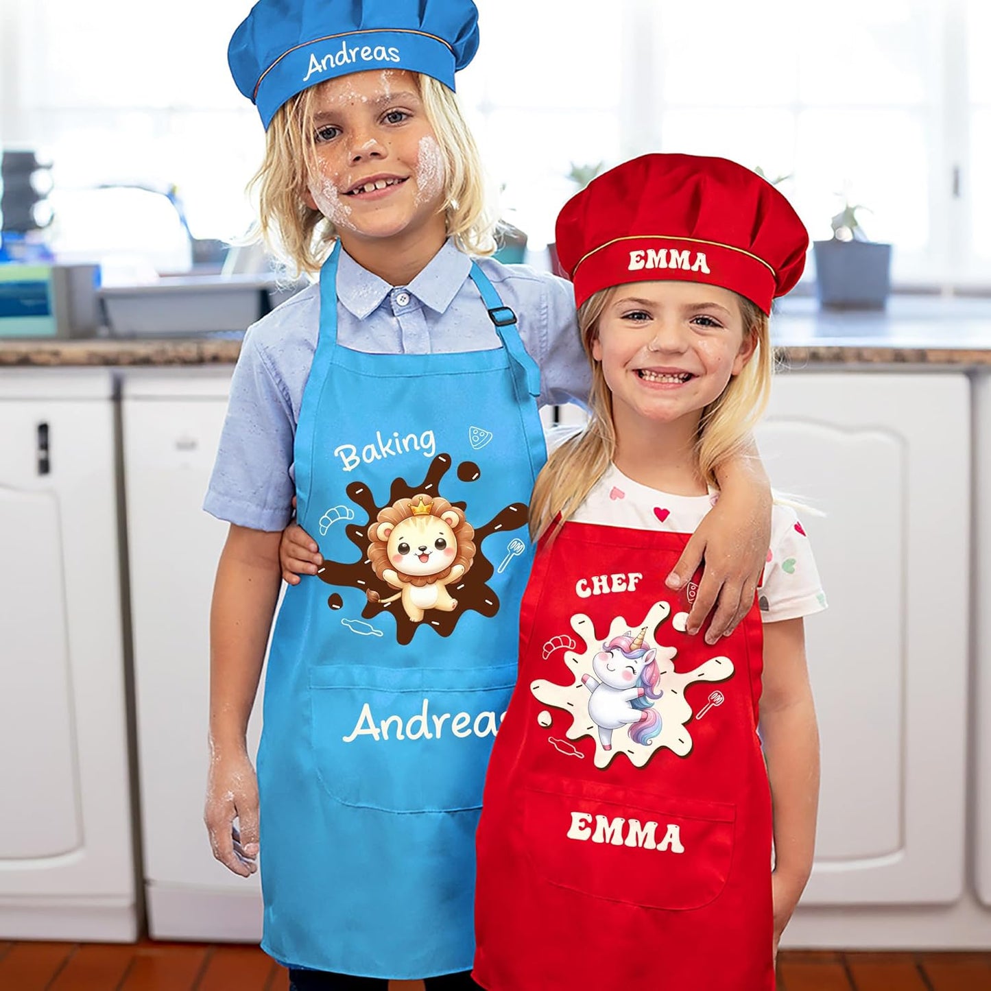 Personalized Kids Chef Hat and Apron, Custom Name Adjustable Cooking Apron for Cooking Baking Painting