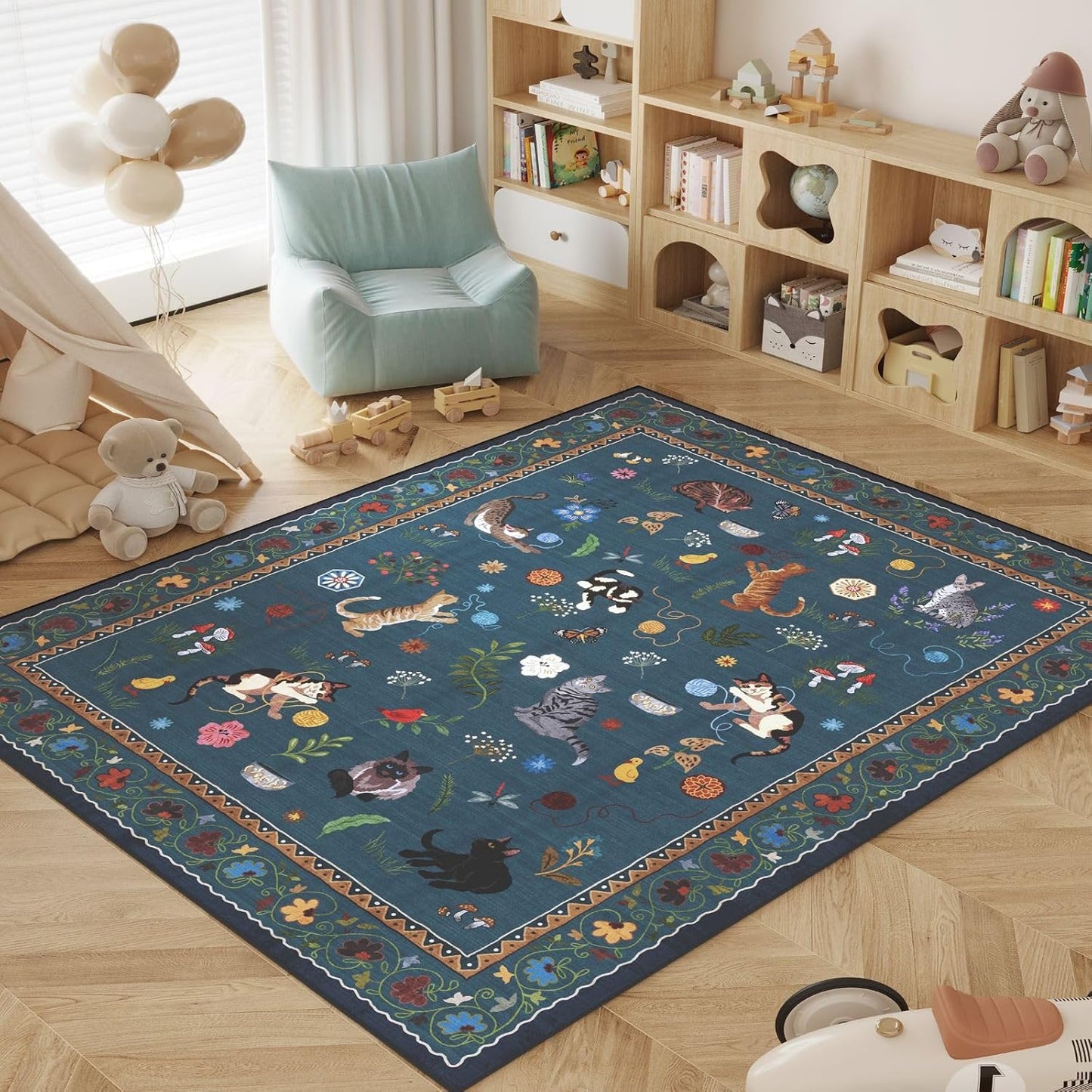 Rugcomf Area Rugs 8x10 Rug for Living Room Clearance Washable Boho Area Rug Non Slip Floral Animal Cat Vintage Low Pile Large Rug for Bedroom Farmhouse Dining Room Kids Playroom, Pearl Gentian Blue