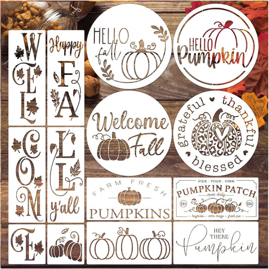 14 Pieces Fall Stencils for Painting on Wood Reusable Hello Pumpkin Stencil Plastic Hello Fall Drawing Templates for Wood Porch Sign Canvas Crafts (14 Porch Fall)
