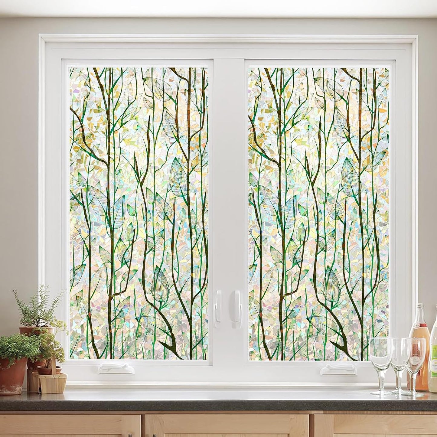 Finnez Window Privacy Film Window Film 3D No Glue Glass Sticker for Glass Door Home and Office Heat Control Anti UV (35.4 Inch x 13.1 Feet, Rainbow Grove)
