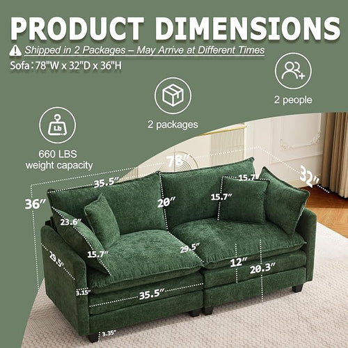 78" Modular Sectional Sofa, Cloud Couch Loveseat Sofa, Deep Seat Washable - Image 2