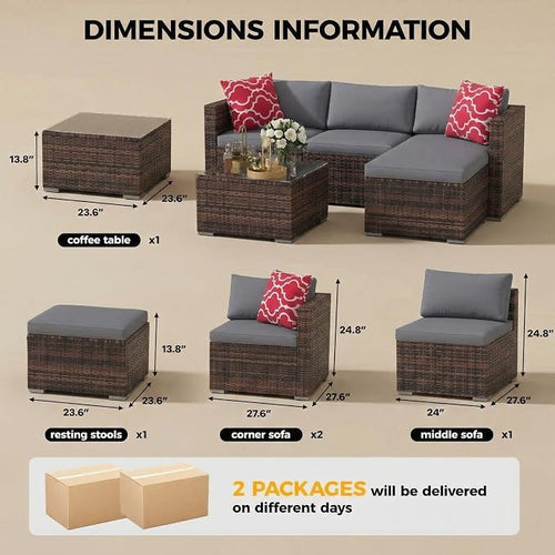 5-Piece Patio Sectional Sofa Set, All-Weather Brown PE Rattan Outdoor - Image 2