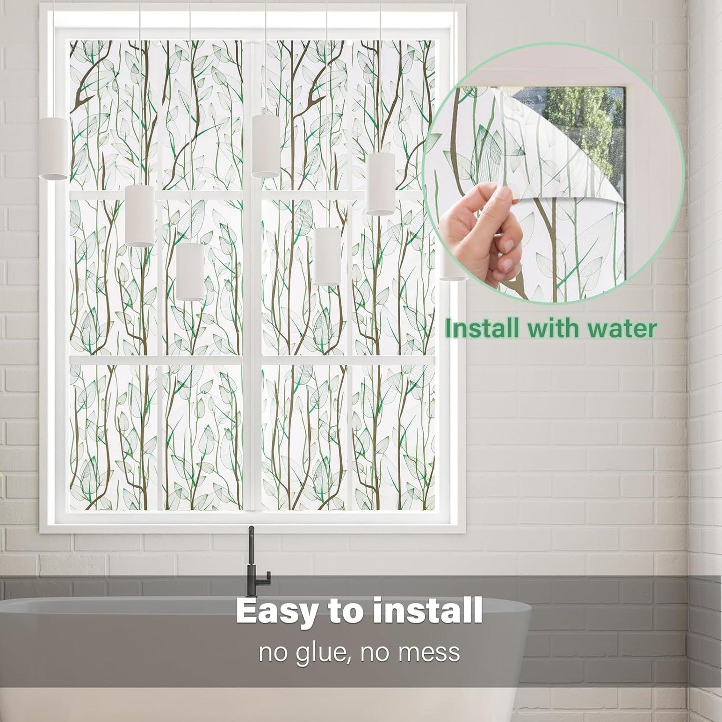 Donox Frosted Glass Window Film Heat Control UV Blocking, Static Cling Reusable Home Bathroom Door Window Privacy Film, Green Leaf Pattern Window Covering with Installation Tool, 23.6 in x 6.5 feet