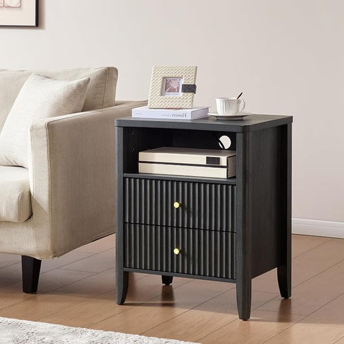 21" Fluted Nightstand with Charging Station – Modern Bedside Table with 2 by Fatmok