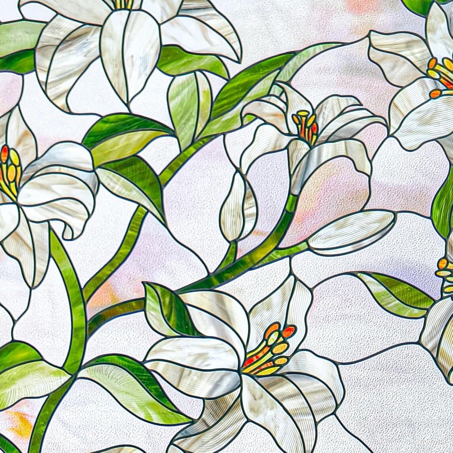 3D Stained Glass Window Film, Decorative Window Privacy Film for Bathroom, Front Door, Home, Sun Blocking Heat Control, Static Cling,White Lily 35.4inch x 78.7inch