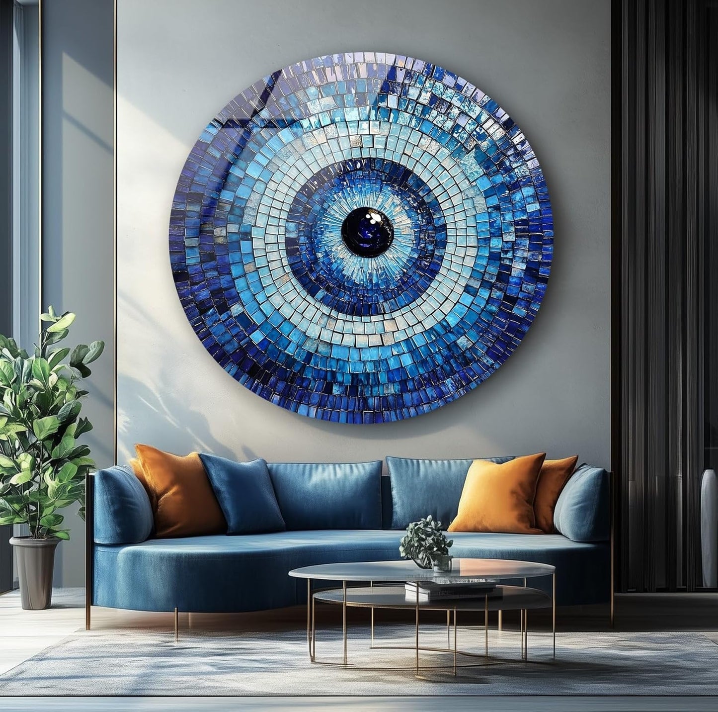 My Photostation.com 27.5''(70cm) Diameter Blue Mosaic Evil Eye Round Glass Wall Art Tempered Glass Printing Wall Decor Large Wall Art Wall Hangings