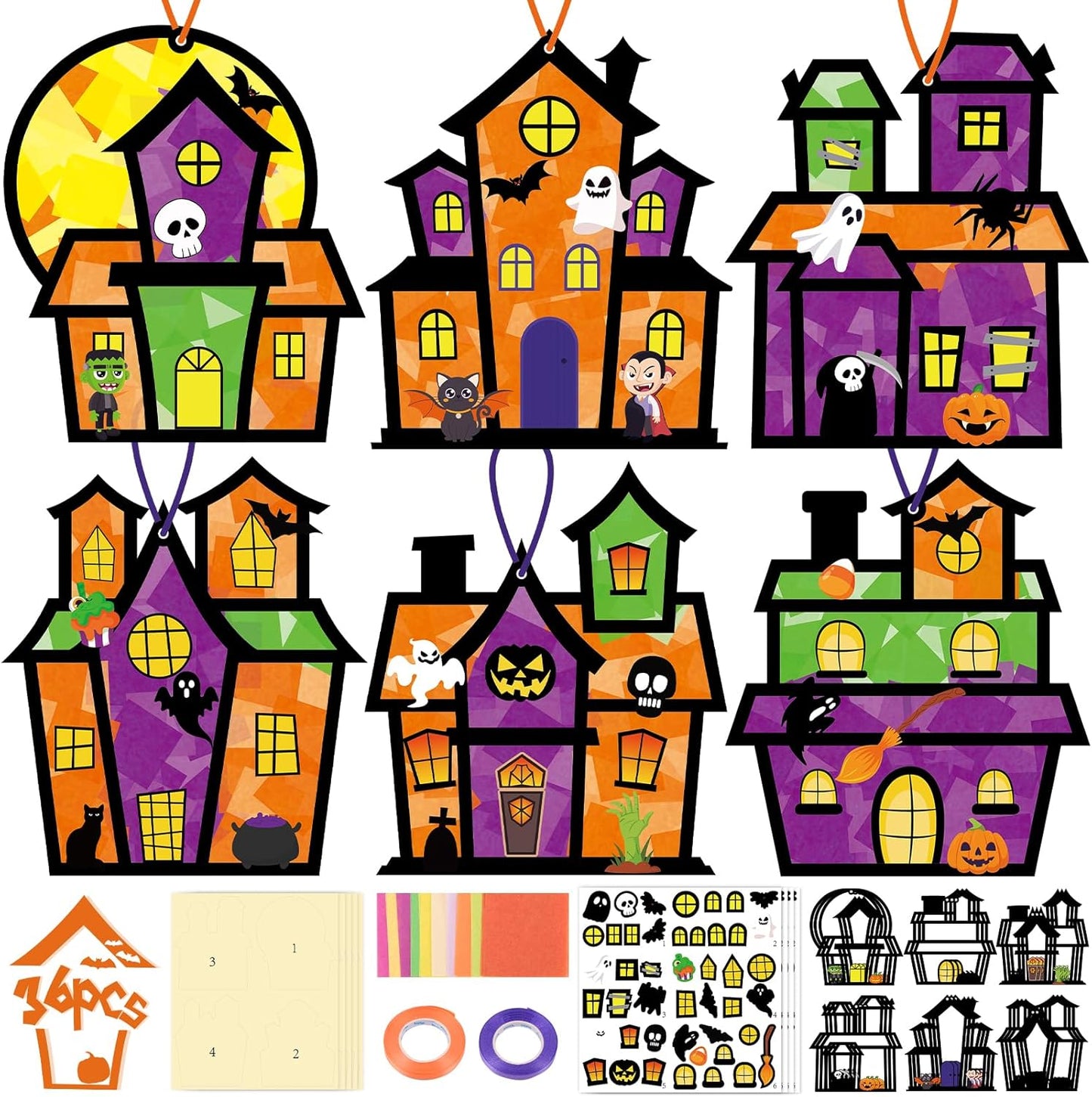 Renbuzhu 36PCS Halloweens Crafts Bulk: Haunted House Paper Suncatchers DIY Kit Party Activities Decorations, Window Stained Glass Effect Art Supplies
