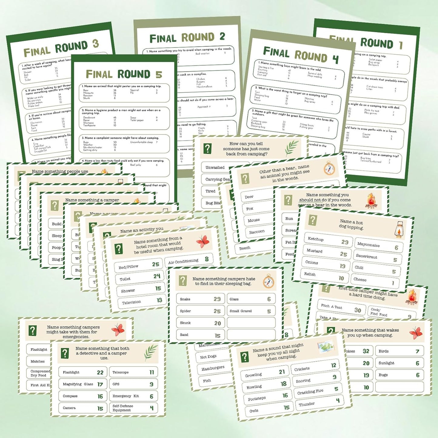 30 Pcs Camping Friendly Feud Game Set Camping Party Game Trivia Quiz with 18 Card 2 Buzzer for Adults Family Games Activities Party Supplies, Battery Not Included