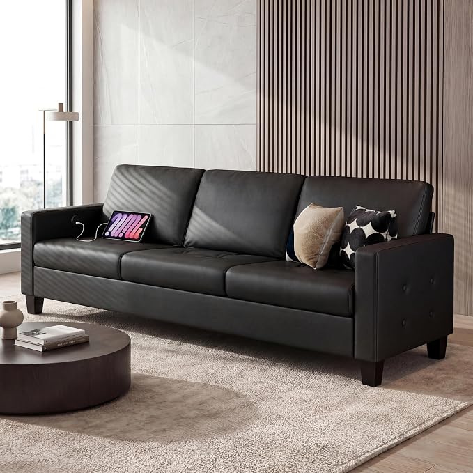 STHOUYN Black Faux Leather 3 Seater Sofa and Accent Chair, Modern Comfy Office - Image 9