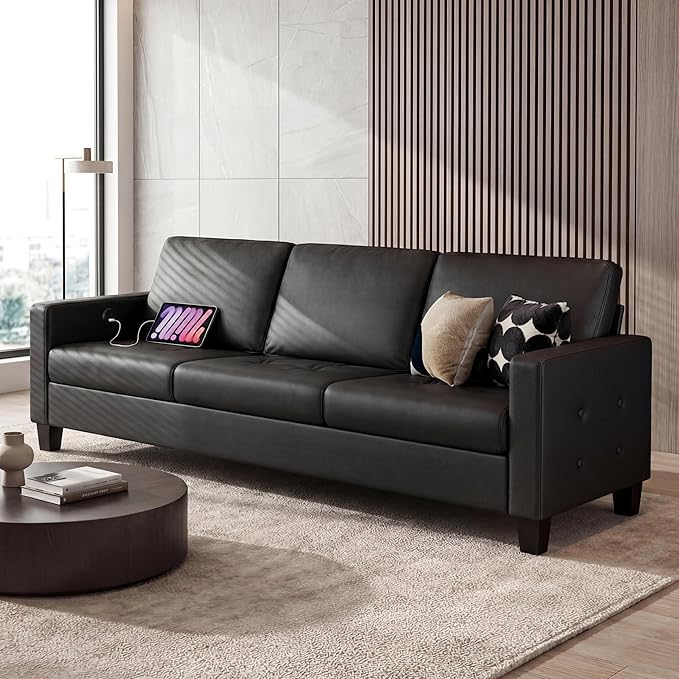 STHOUYN Black Faux Leather 3 Seater Sofa and Loveseat, Modern Comfy Office - Image 9