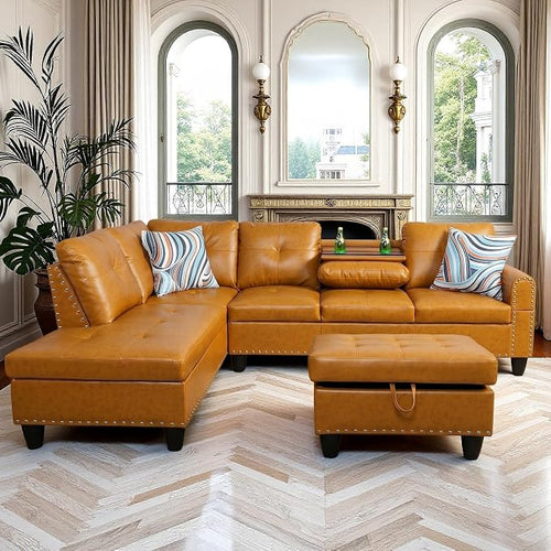 97.5" Yellow L Shaped Couch Set Leather, Modular Sectional Couches by Topcomfy