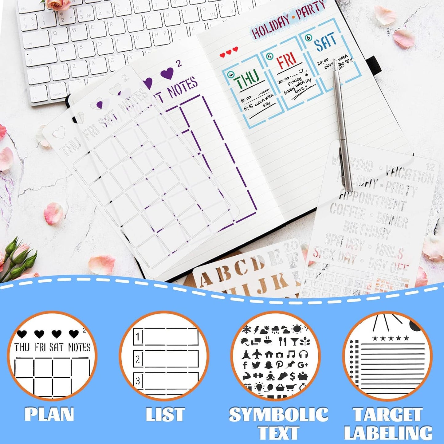 30 PCS Journal Stencils, Planner Stencils for Junk Journal Notebook Diary Scrapbook DIY Drawing Template Journal Stencil 4x7 Inch
