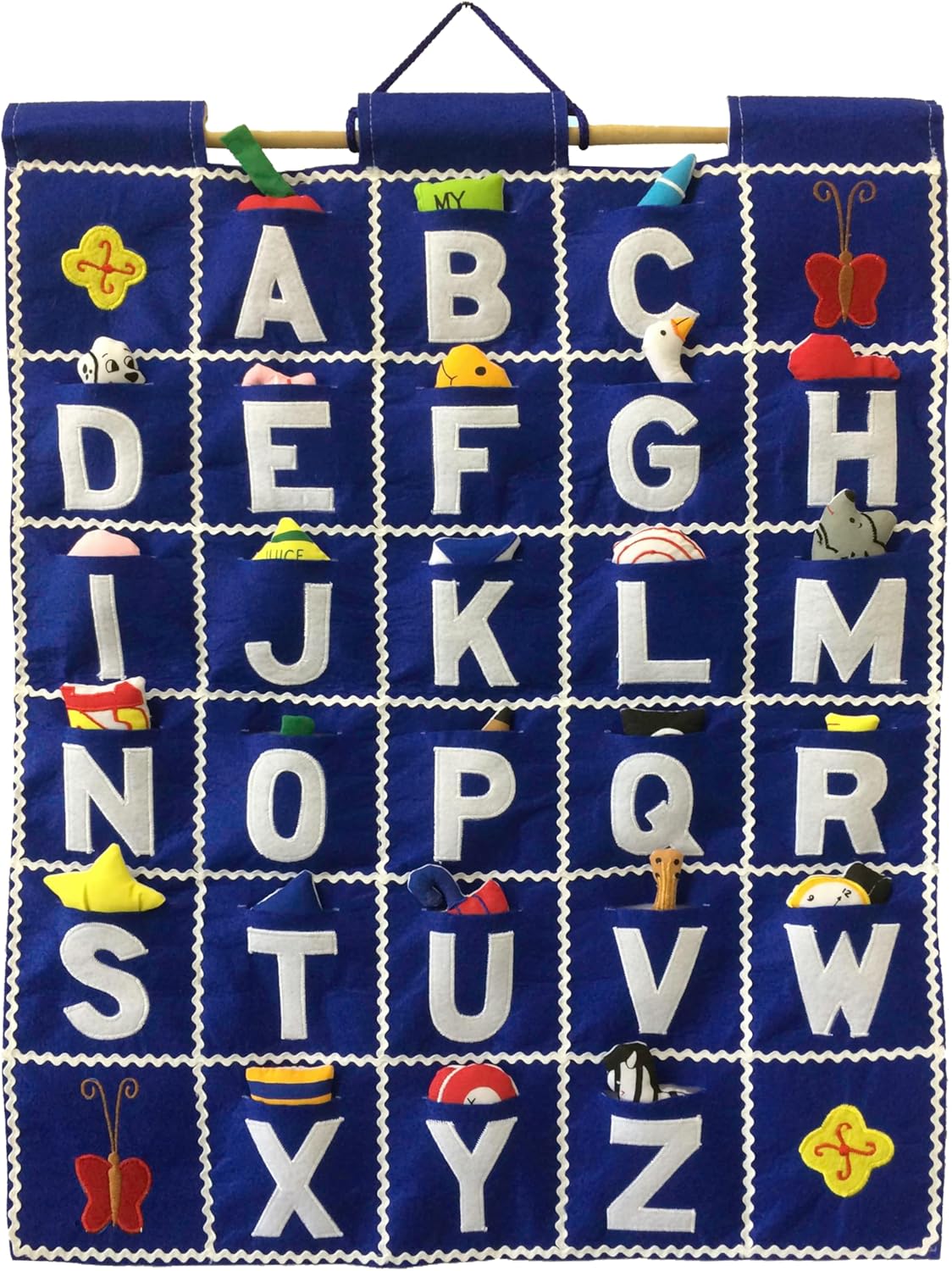 Pockets of Learning ABC Felt Wall Hanging Chart - Early Education Alphabet Fabric Wall Décor for Children's Room | Engaging Educational Learning Art for Kids with Fabric Objects in Pocket (Blue)