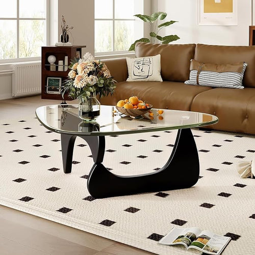 35.8" Modern Coffee Table, Triangle Tempered Glass & Sturdy Solid Legs by PRITIY