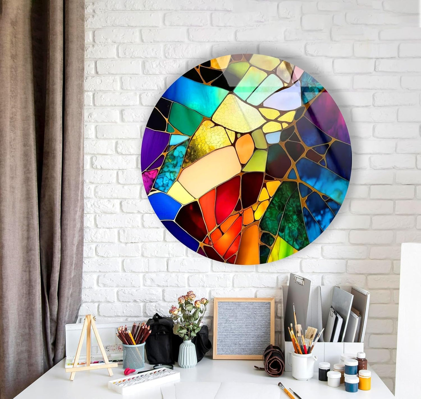 My Photostation.com 24''(60cm) Diameter Multicolor Round Stained Glass Wall Art Vibrant Mosaic Abstract Panel Tempered Glass Printing Wall Decor Large Wall Art Wall Hangings