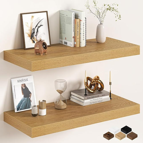 32Inch Oak Floating Shelves for Wall, 12 Inch Deep Shelves for Bedroom by FunMemories