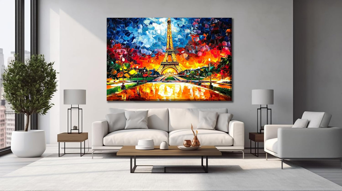 SpiritualHands Paris Eiffel Tower Glass Wall Art Oil Painting for Living Room, Tempered Glass Modern Prints Decor, Large Vivid Color Panel for Bedroom, Kitchen, or Office