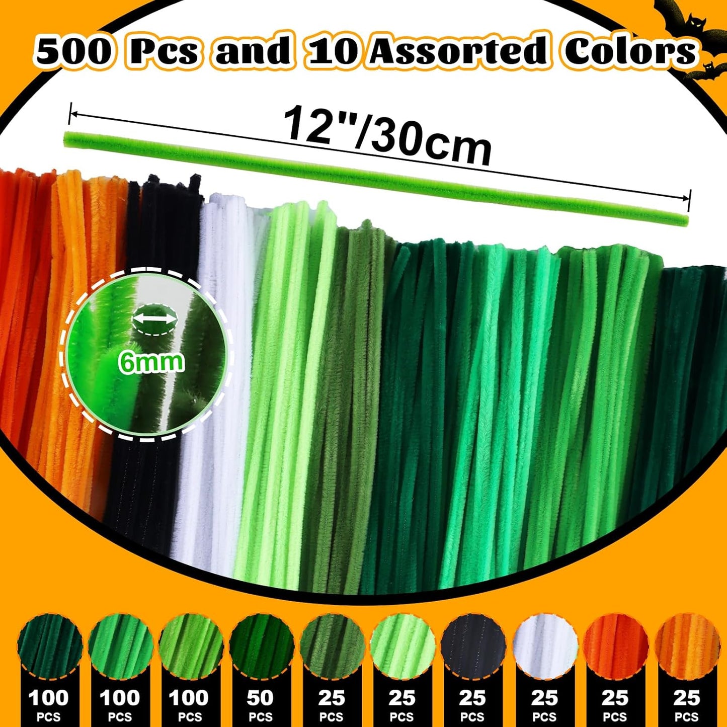 Pipe Cleaners Craft Supplies, Halloween Pipe Cleaners Bulk, 500 Pieces 12 Inch Fuzzy Chenille Stems Sticks Set for Festival Decorations Projects, Creative Arts and Crafts for Kids and Adults