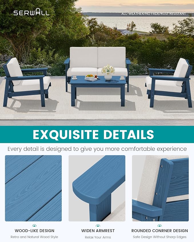 SERWALL HDPE Patio Furniture Set, 5 Piece All Weather Wood-Like Sectional - Image 3