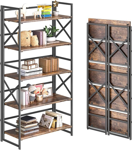 4NM 5 Tiers No Assembly Book Shelves, 51.2" H Folding Bookshelf Bookcase Open by 4NM
