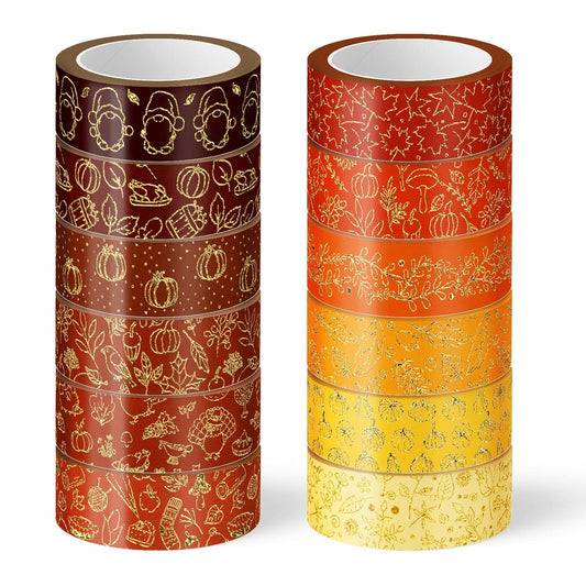 Whaline 12 Rolls Fall Washi Tapes Foil Gold Decorative Tape Autumn Gnome Pumpkin Fall Leaves Turkey Patterned Masking Tape for Fall Thanksgiving Scrapbook Journal DIY Craft Gift Wrapping, 0.6Inch