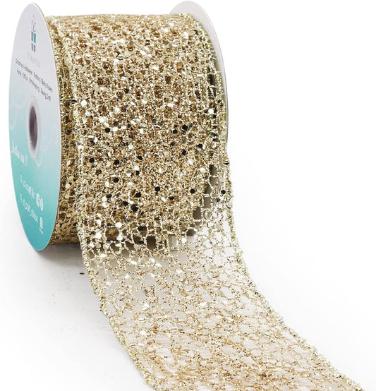 CT CRAFT LLC Sparkling Glitter Mesh Wired Ribbon 2.5" x 10 Yards Champagne Gold for Christmas Home Decor Bow Gift Wrapping DIY Crafts Wreath