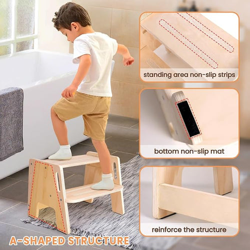 2 Pack Toddler Step Stool, Wooden Height-Adjustable 2-Step Stool - Image 2