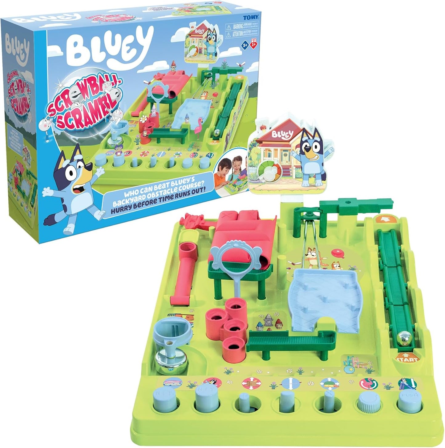 TOMY Bluey Screwball Scramble Marble Maze- Beat The Clock Marble Run - Fast Paced Kids Games and Bluey Toys for Birthday Parties - 1-4 Players - Ages 5 Years and Up