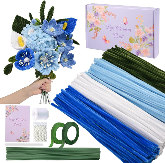 400 Pcs Pipe Cleaners Craft Set, 4 Assorted Blue Pipe Cleaners Bulk, Chenille Stems for DIY Flower Making Kit with Floral Stems, Gardening Tape, Pearl, Ribbon for DIY Bouquet Gift (Blue)