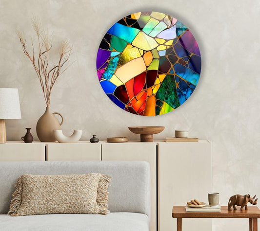 My Photostation.com 31.5''(80cm) Diameter Multicolor Round Stained Glass Wall Art Vibrant Mosaic Abstract Panel Tempered Glass Printing Wall Decor Large Wall Art Wall Hangings