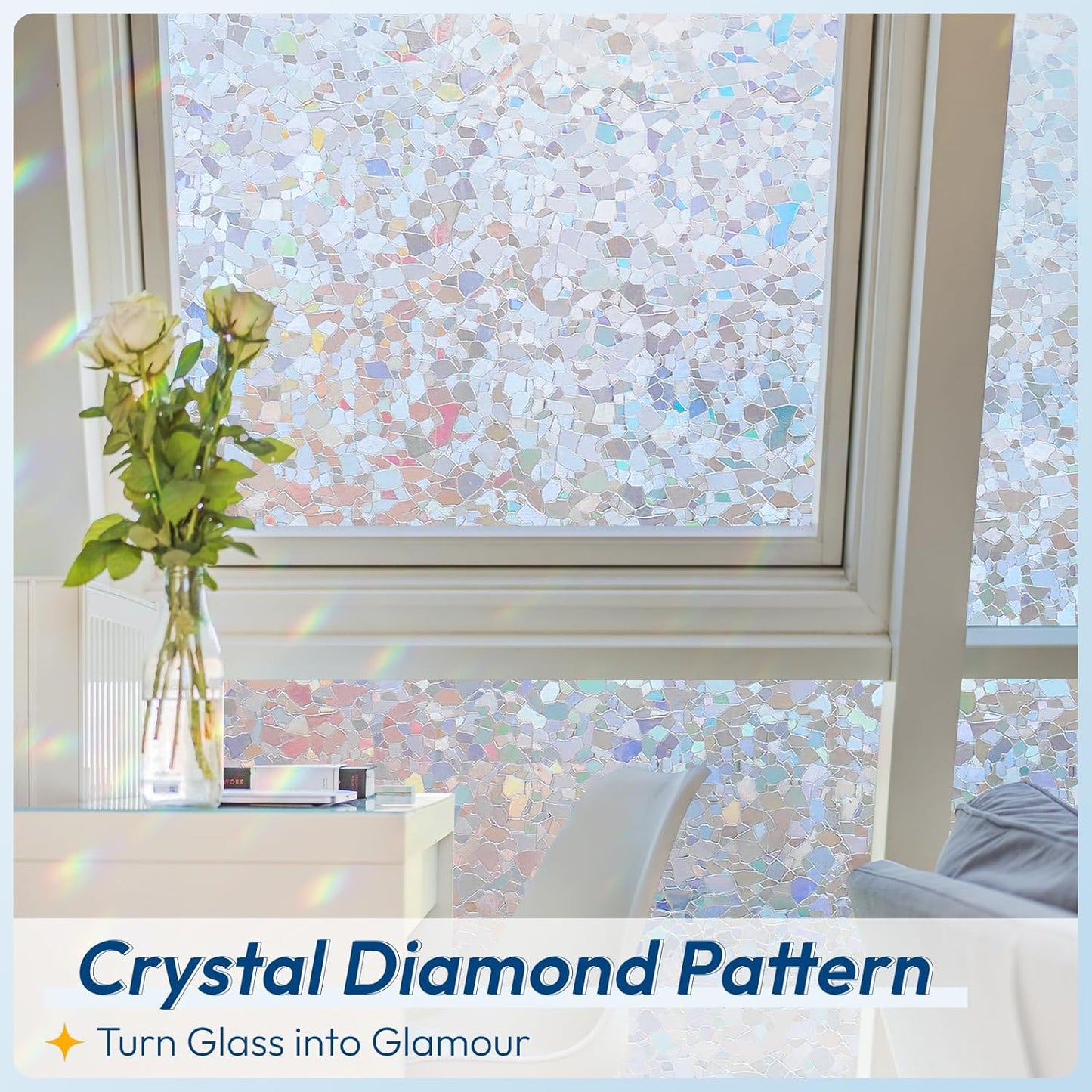 rabbitgoo Rainbow Window Privacy Film Decorative Stained Glass Diamond Pattern Window Sticker with Iridescent Tint Non-Adhesive Static Cling for Home Office Crystal Pattern, 35.4 x 78.7 inch
