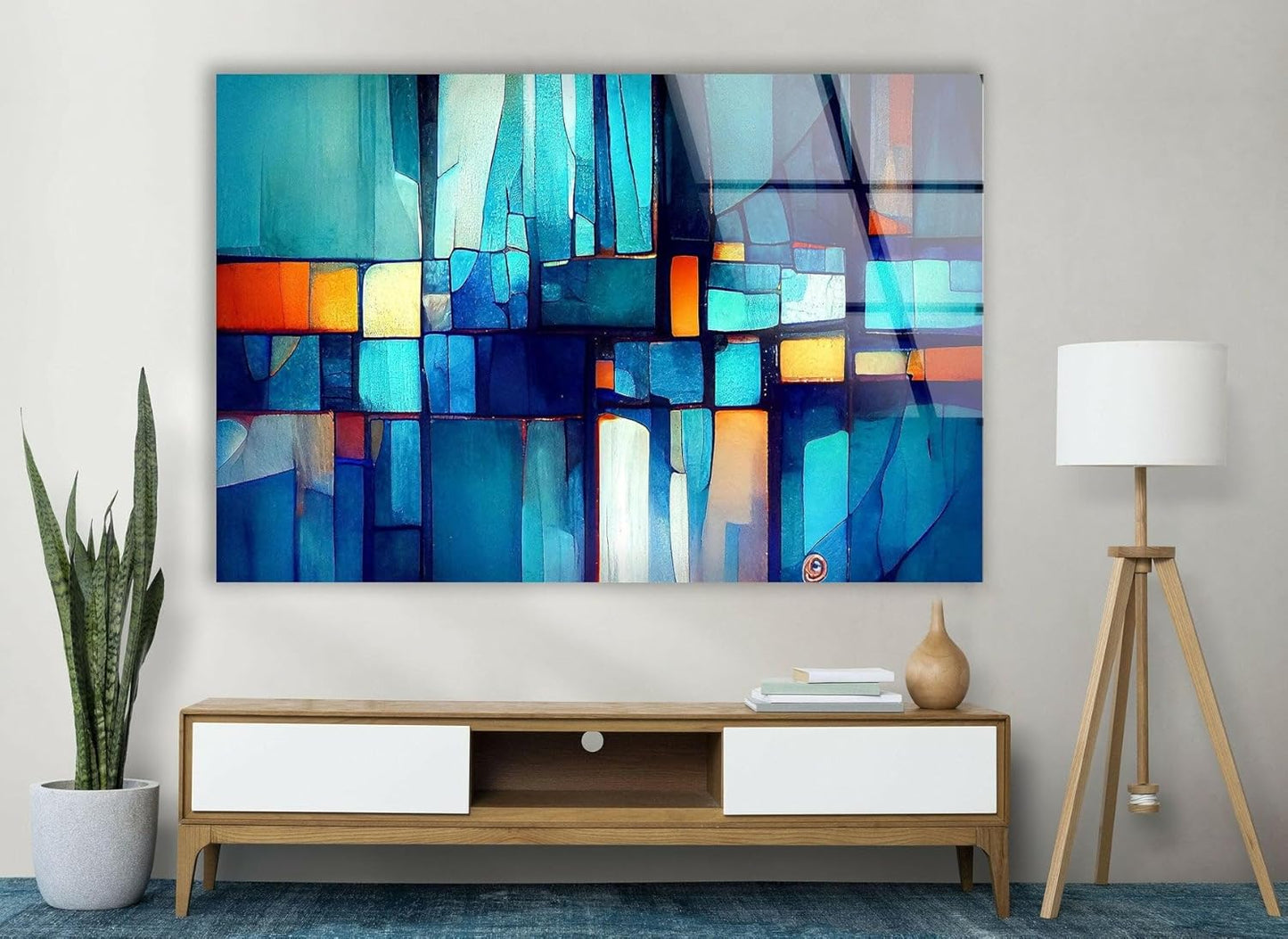 My Photostation.com 30Wx24H'' Blue Vibrant Stained Glass Wall ArtTempered Glass Printing Wall Decor Large Wall Art Wall Hangings