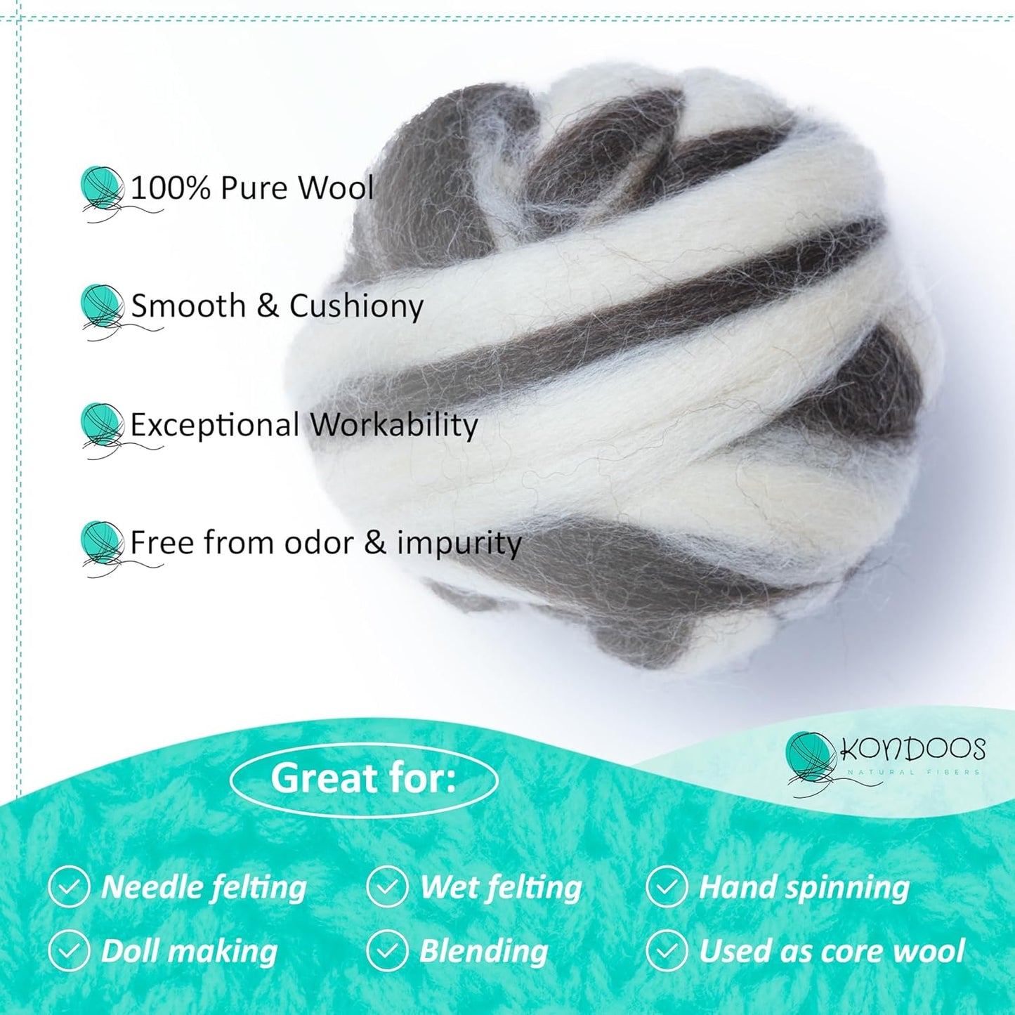 Kondoos Natural Wool roving, 8 OZ. Best for Needle Felting, handcrafts and Spinning. Natural Colours, un-Dyed. (Brown Zebra(Ecru/Mocha), 8 oz)