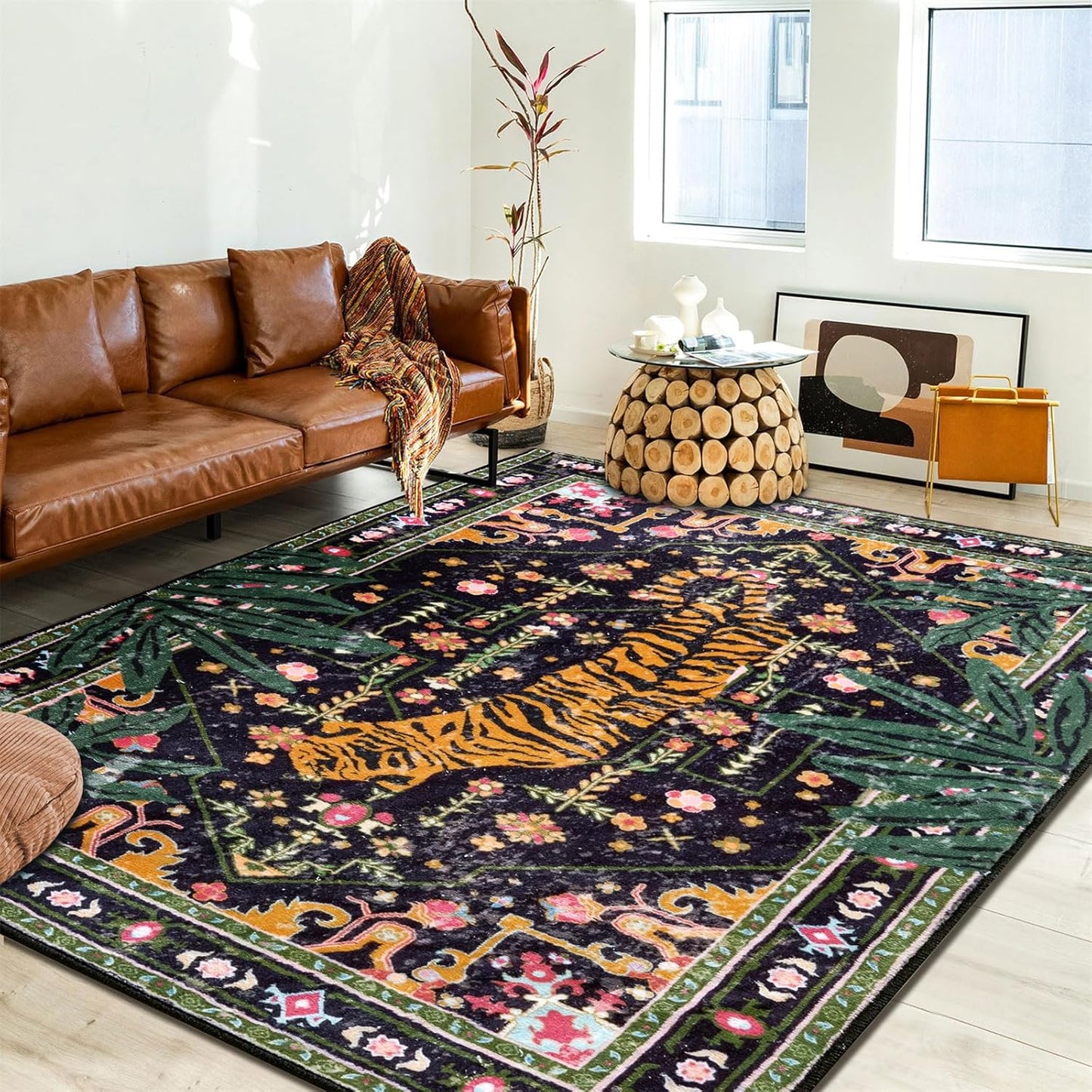 Oriental Tropical Indoor Door Mat Washable, Thin Black Boho Vintage Distressed Hippie 3x5 Throw Rugs for Bedroom Bathroom Kitchen Non-Slip Abstract Botanical Tribal Indian Entryway Carpet