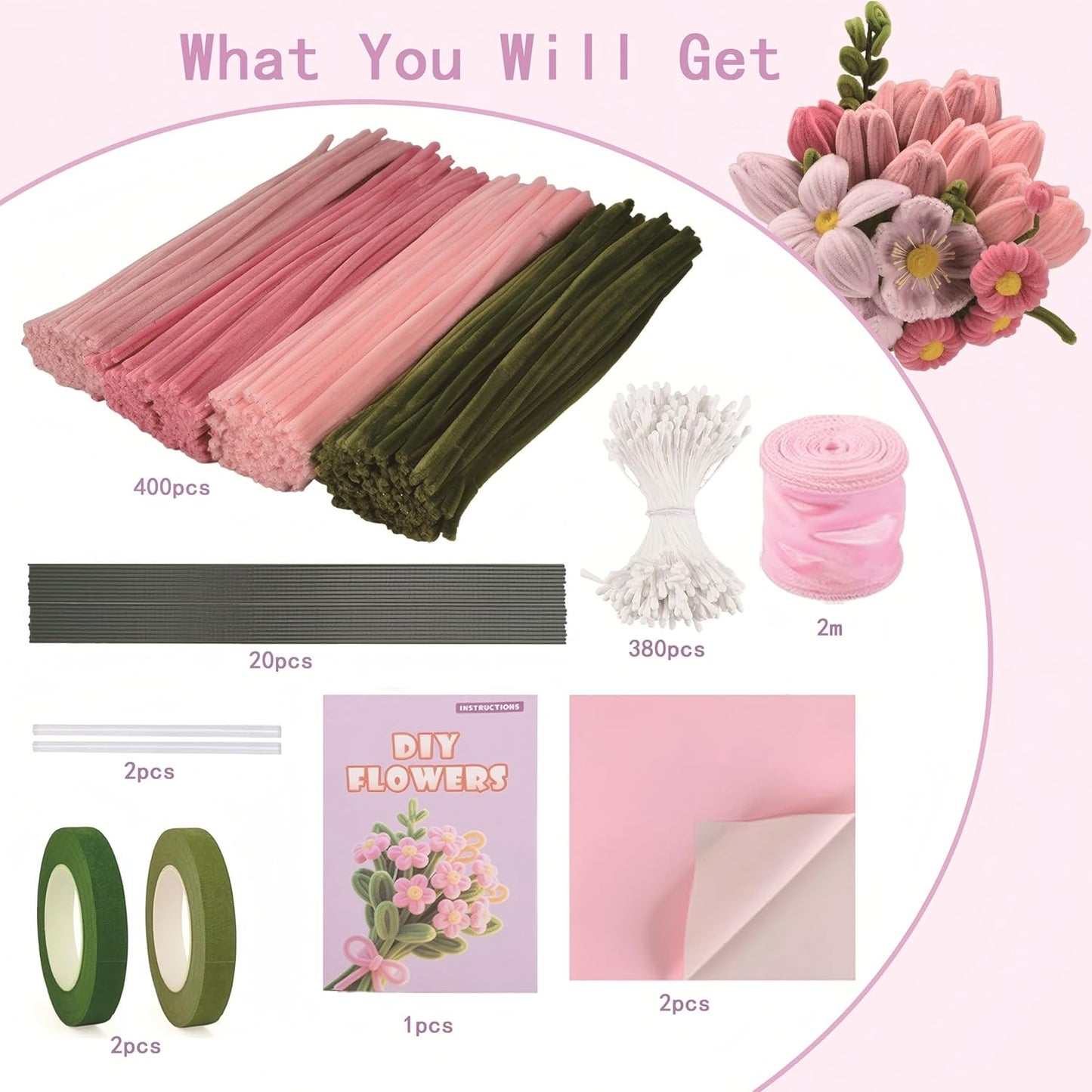 Pipe Cleaners Craft, 400pcs Pipe Cleaners with Flower Stems, Floral Tape, Ribbon, for Flower Bouquet DIY-Pink