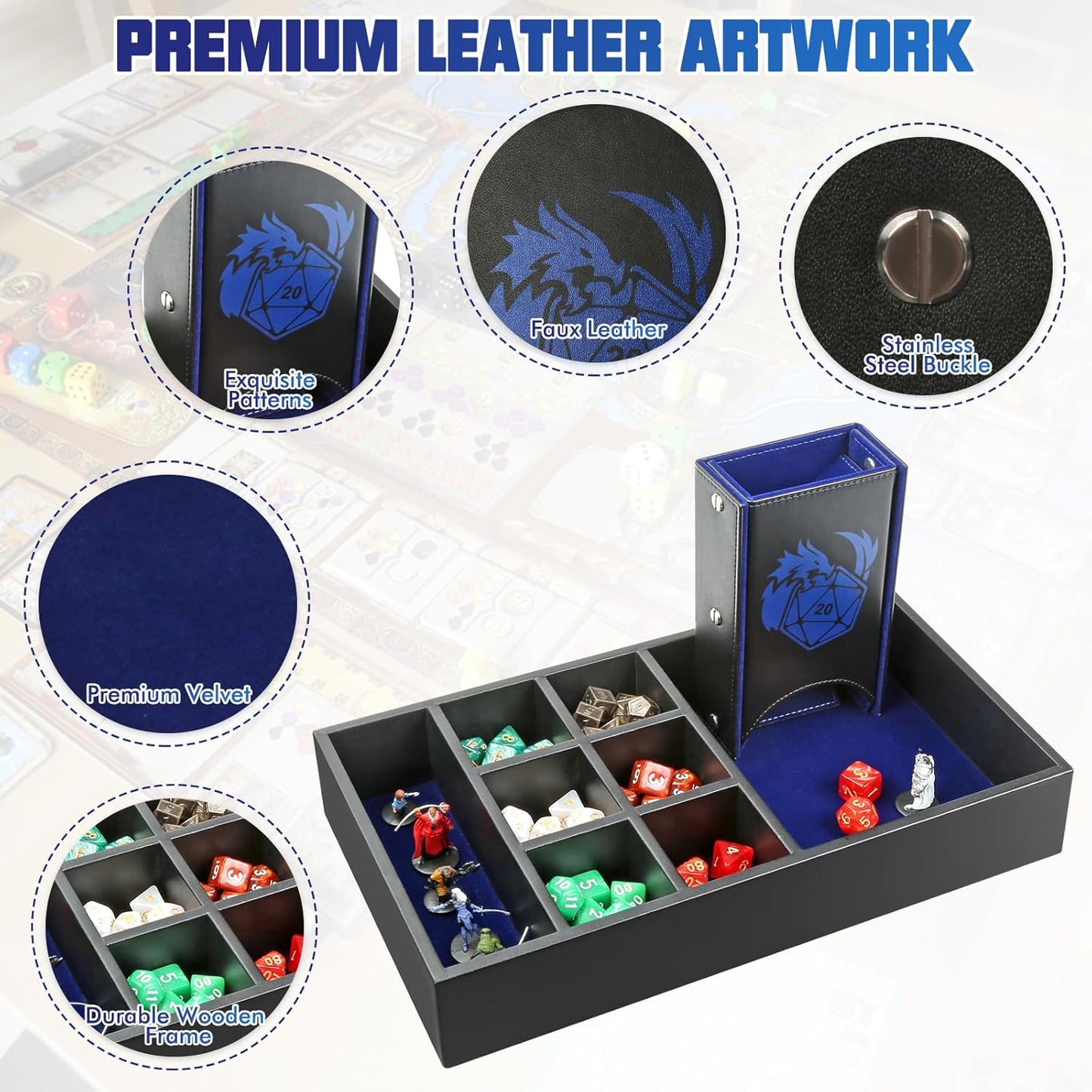 DND Dice Tray & Tower Storage Box, 4 in 1 D&D Dice Holder Case (Dice Rolling Tray, Dice Roller Tower, Dice & Miniature Storage), Great RPG Accessories Gifts for Dungeons and Dragons MTG DM & Player