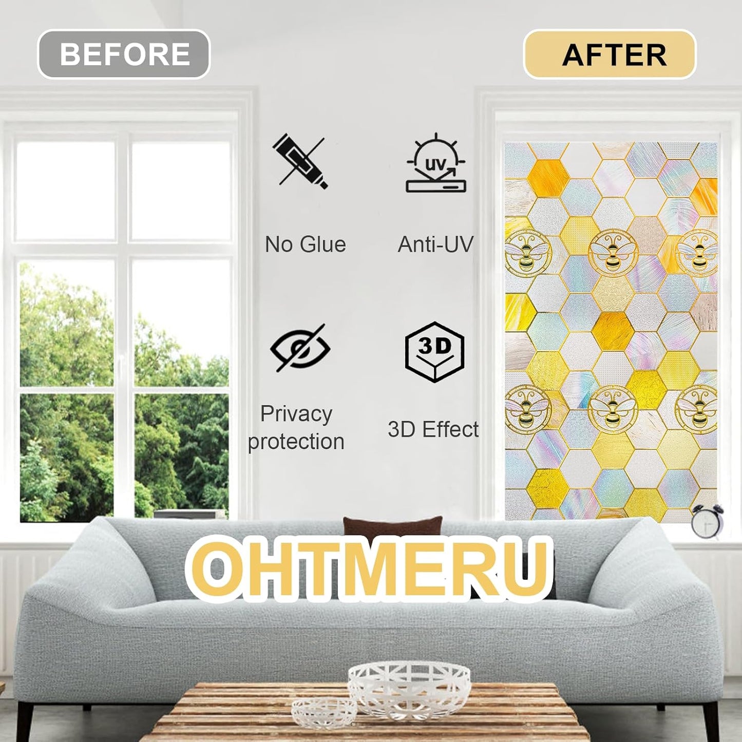3D Stained Glass Window Privacy Film, Heat Control UV Blocking Static Cling Decorative Window Film for Bathroom,Front Door,Home Non Adhesive,16.9 x 78.7 inches Honey