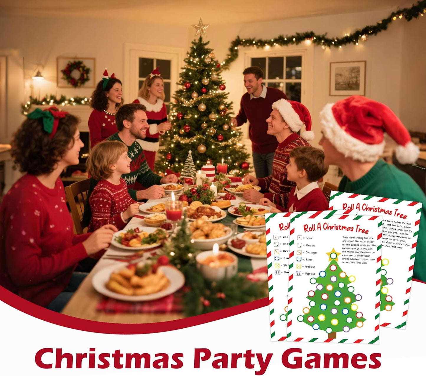 Roll A Christmas Tree Dice Game, Christmas Games for Families & Large Groups-25 Players, Xmas Party Games for Adults, Red and Green Theme Winter Holiday Decorations White Elephant Gifts Ideas